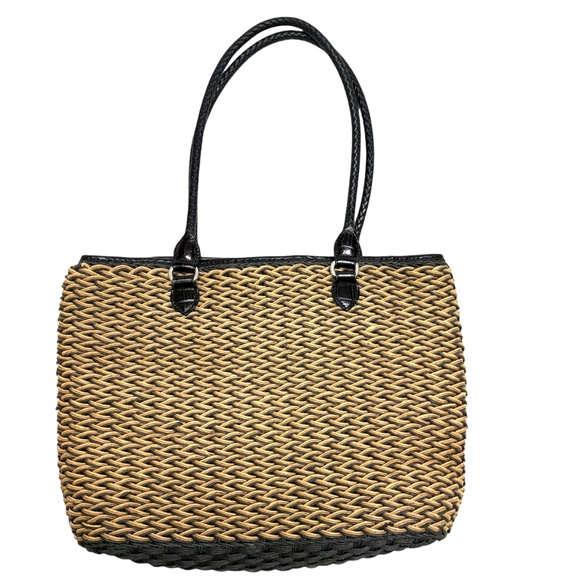 bag BRIGHTON black tan woven leather jute shoulder pockets preppy classic tote - Picture 4 of 16
